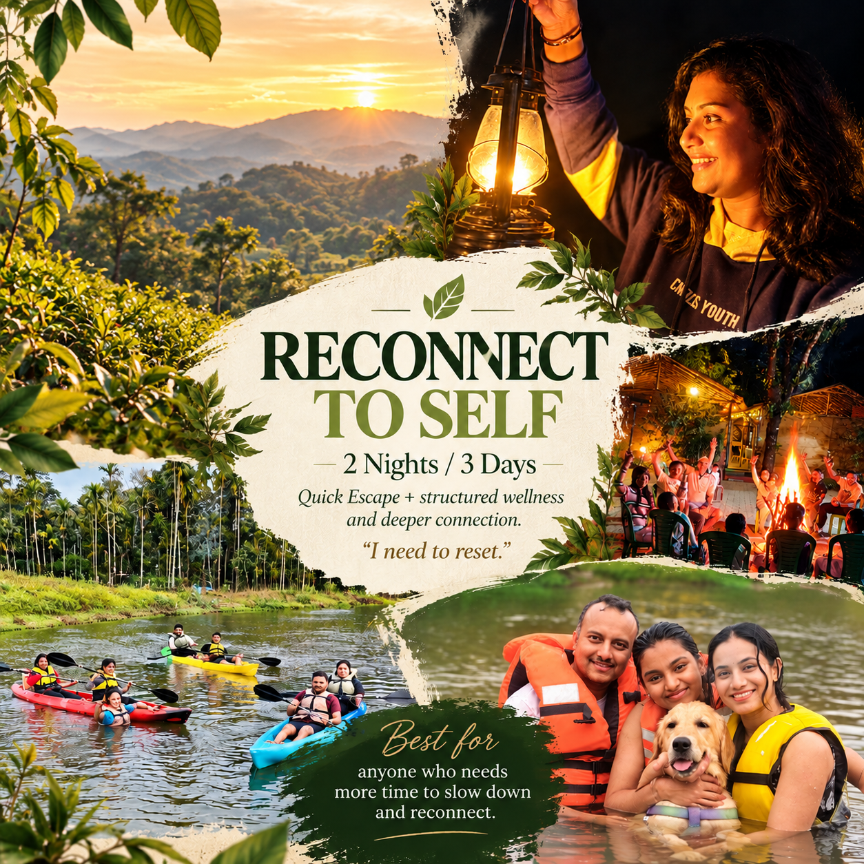 Reconnect to Self — 2 Nights / 3 Days. Quick Escape plus structured wellness and deeper connection. I need to reset.