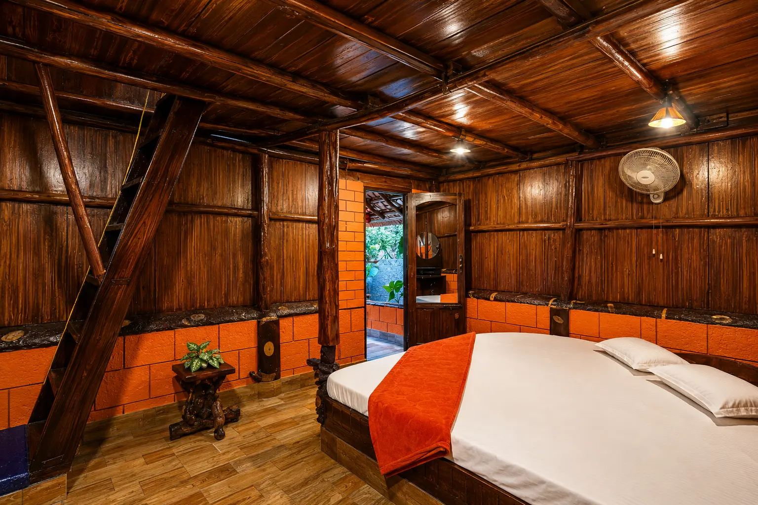 Orange-themed wooden cottage room with attic ladder and balcony door