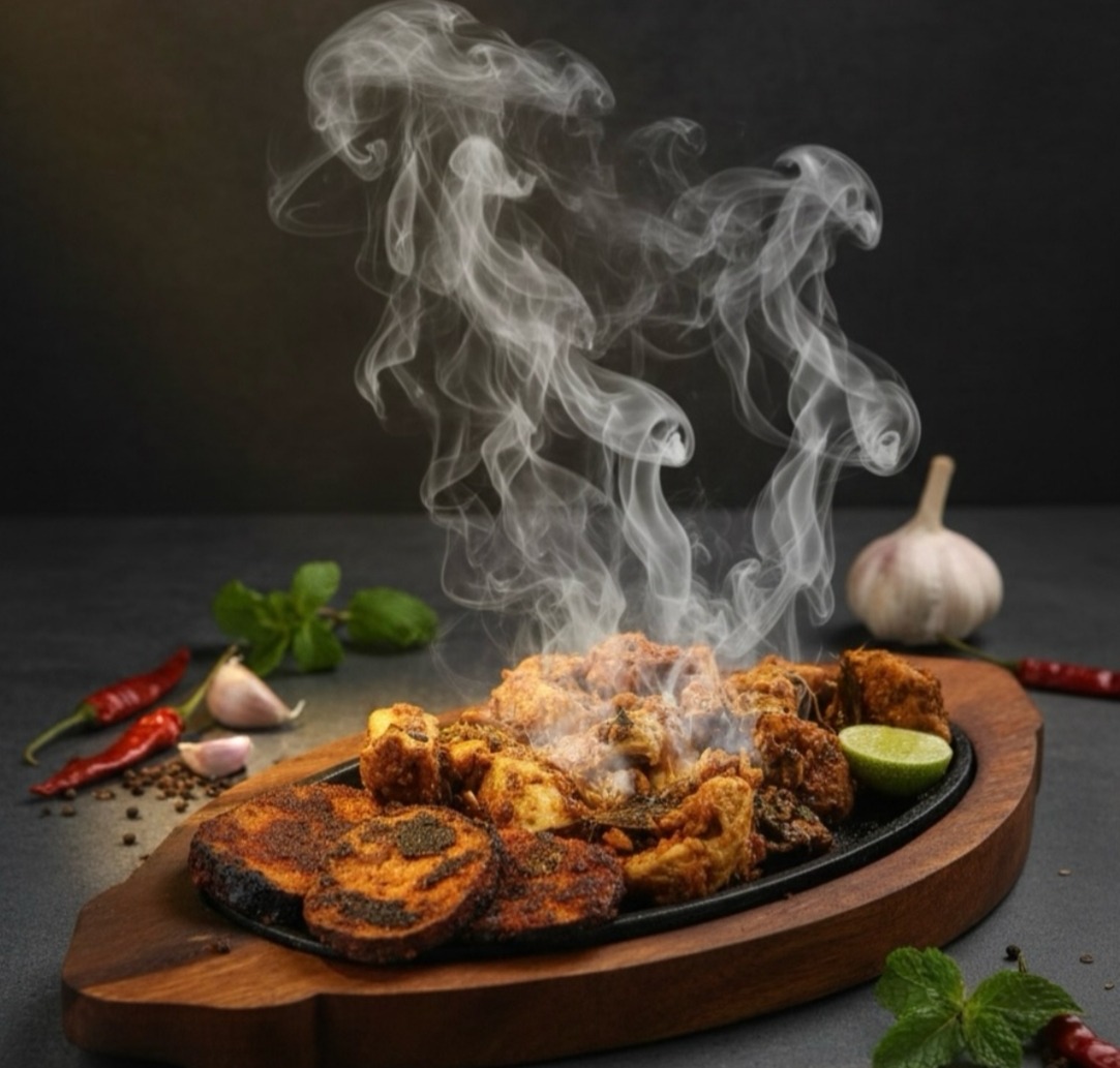 Sizzling plant-based Chipafi platter — 100% vegetarian, inspired by chicken, prawn and fish-style textures