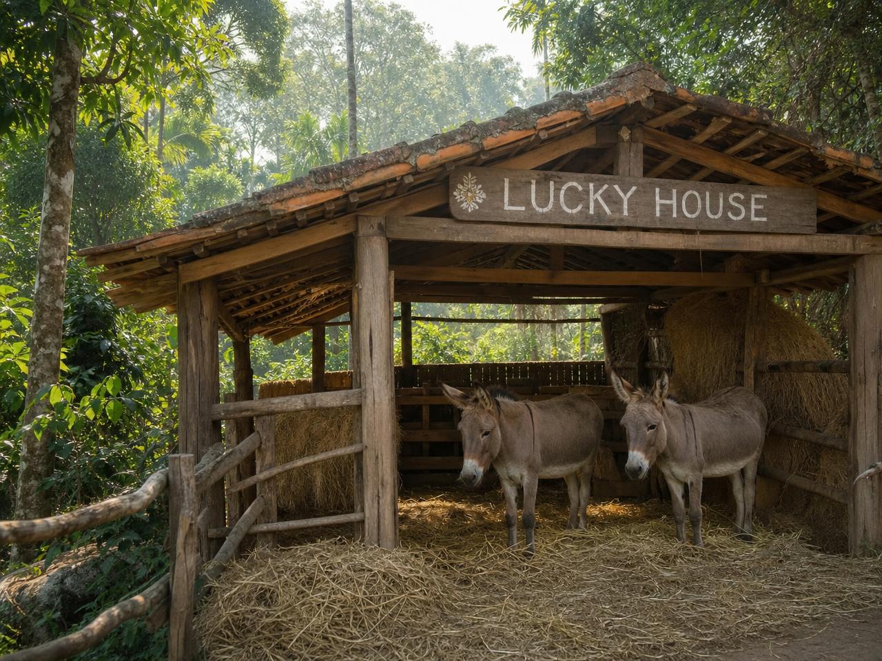 Lucky House — a rustic hay-filled donkey shelter at Evergreen County